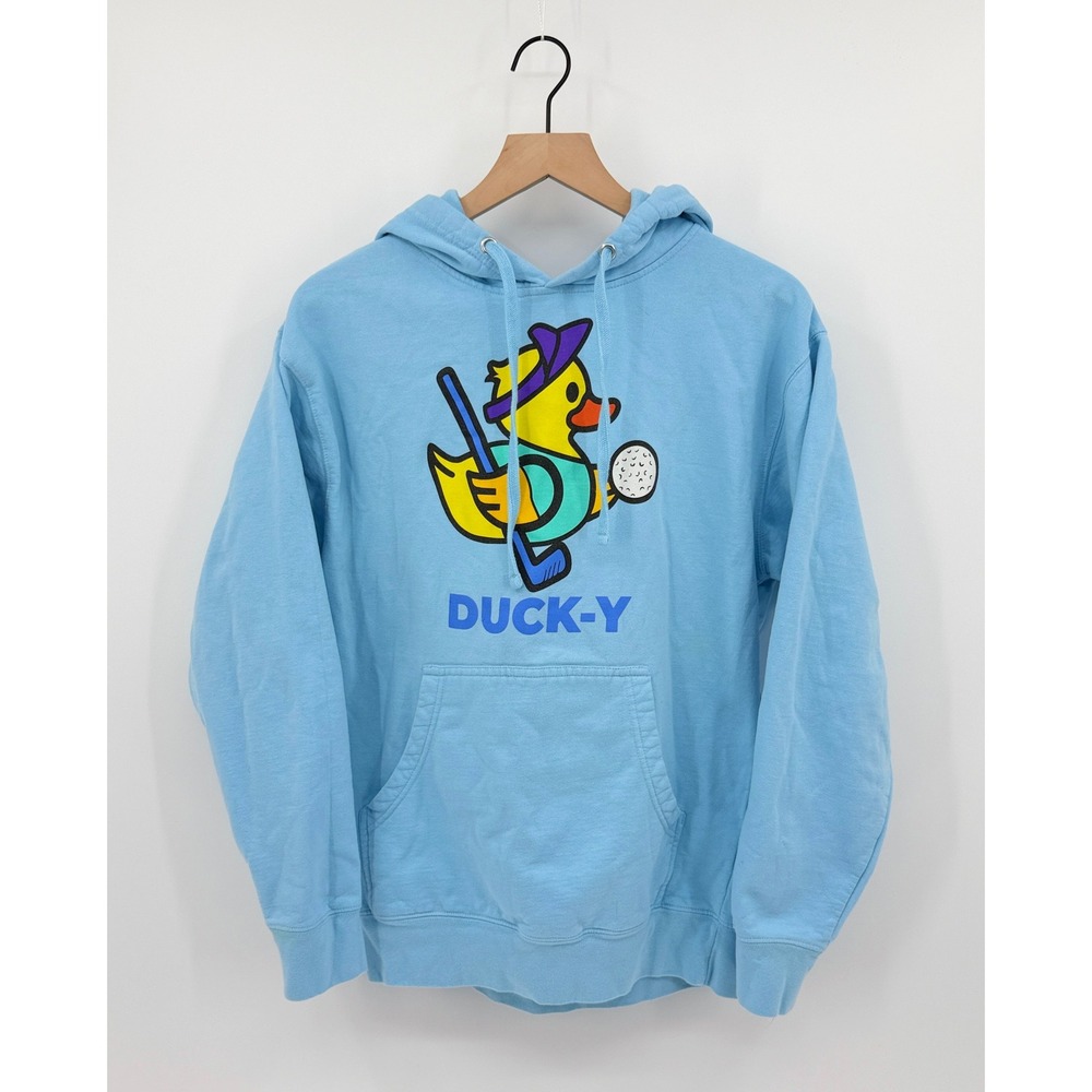 Duck-Y Hoodie Sweatshirt Golfing Duck Graphic Mens M Light Blue Streetwear